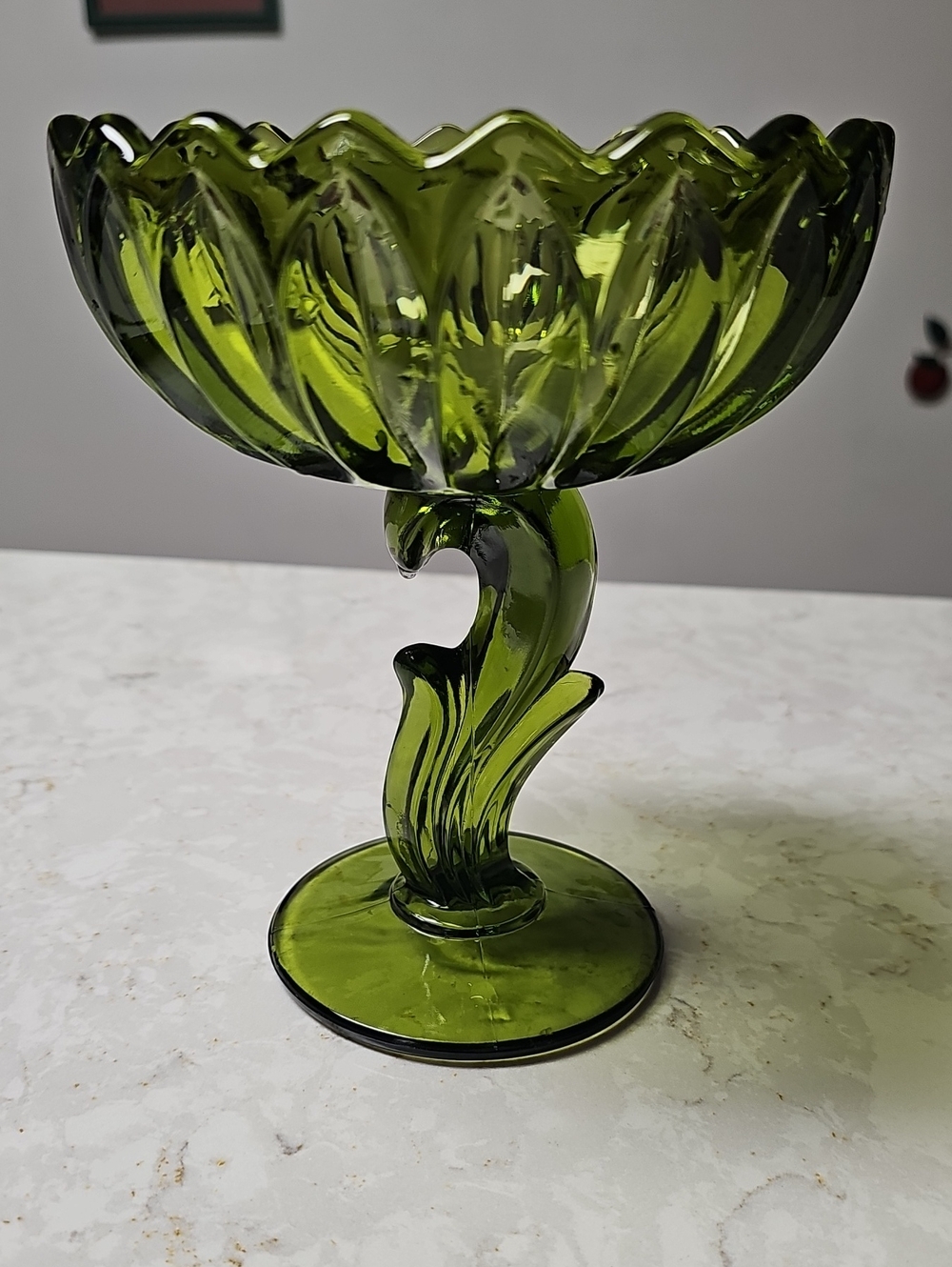 Vintage Indiana Lotus Green Glass Compote Pedestal Bowl